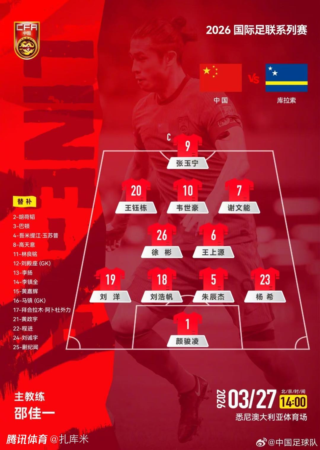 国足vs库拉索首发：张玉宁韦世豪王钰栋齐发，徐彬杨希首秀