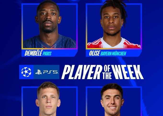 本轮欧冠最佳球员候选：登贝莱、奥利塞、奥尔莫、苏比门迪