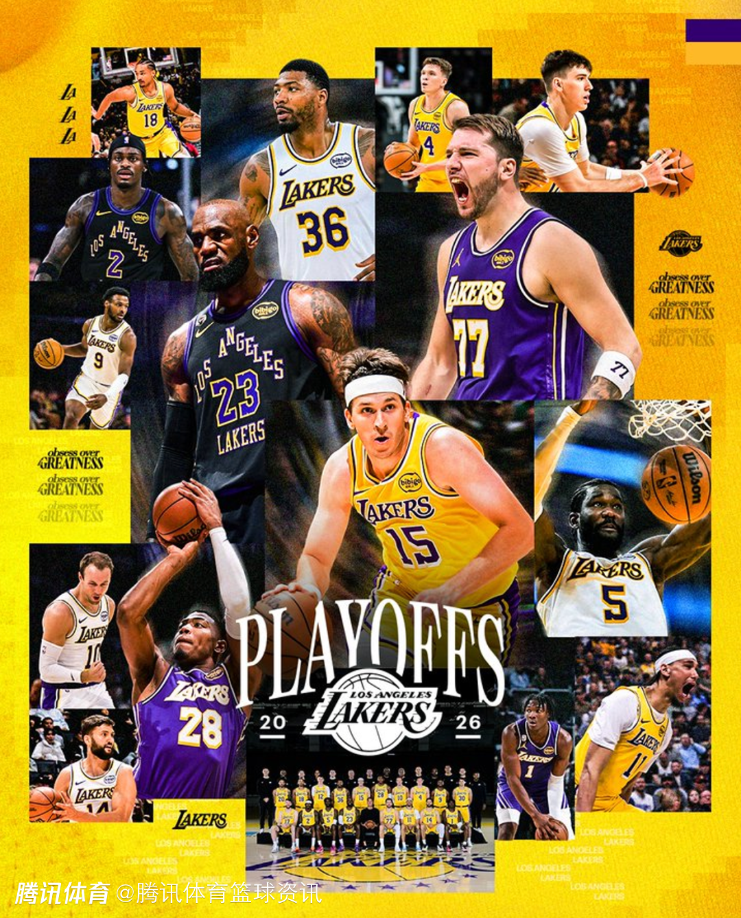 湖人官方晒球队晋级季后赛海报：詹东里组合位居C位