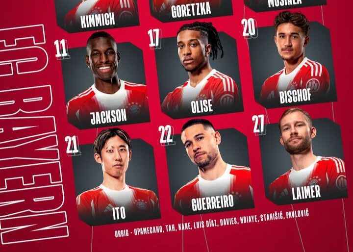 拜仁vs圣保利首发：杰克逊、奥利塞先发，凯恩、迪亚斯替补