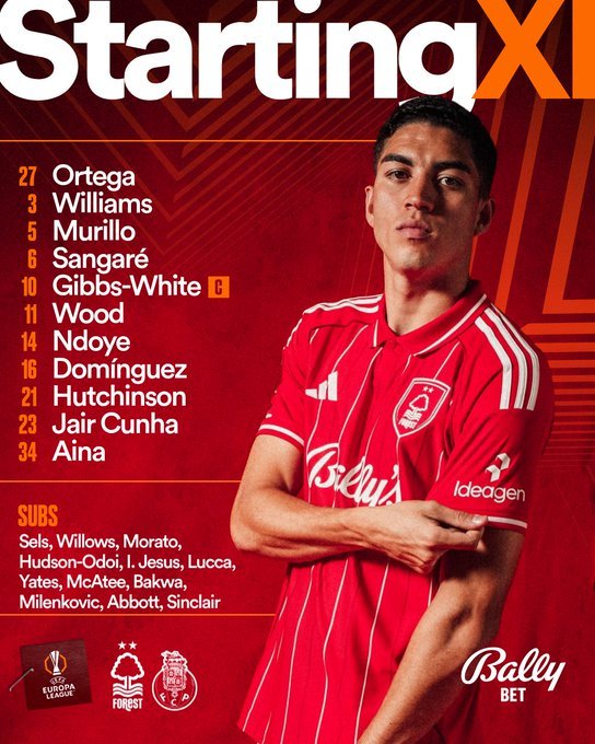 森林vs波尔图首发：伍德、怀特出战，奥多伊替补