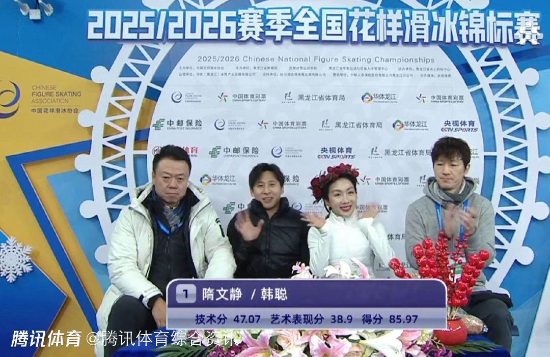 全国花滑锦标赛双人滑短节目：隋文静/韩聪获得85.97分 暂列第一
