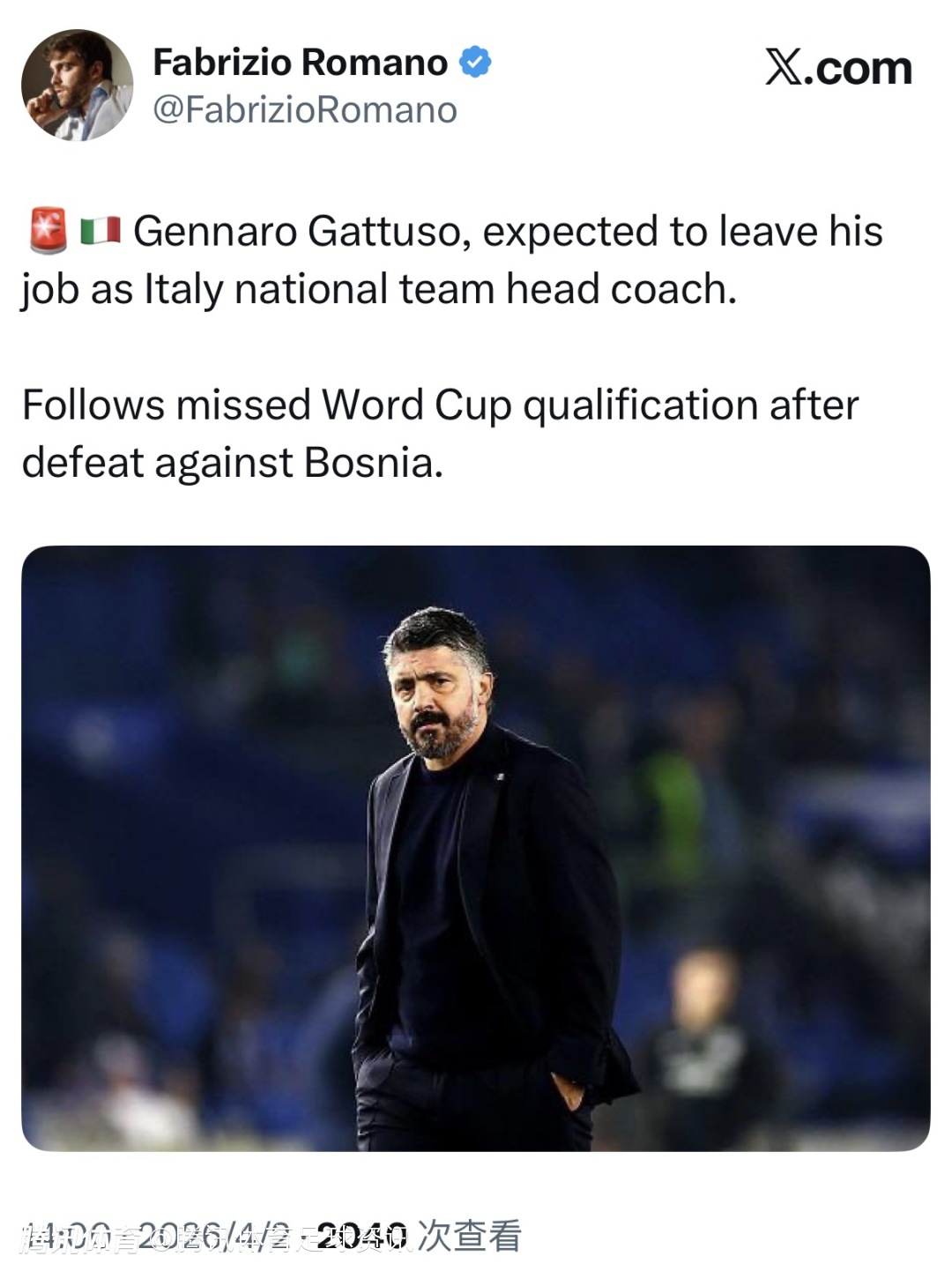 罗马诺：加图索预计卸任意大利主帅一职