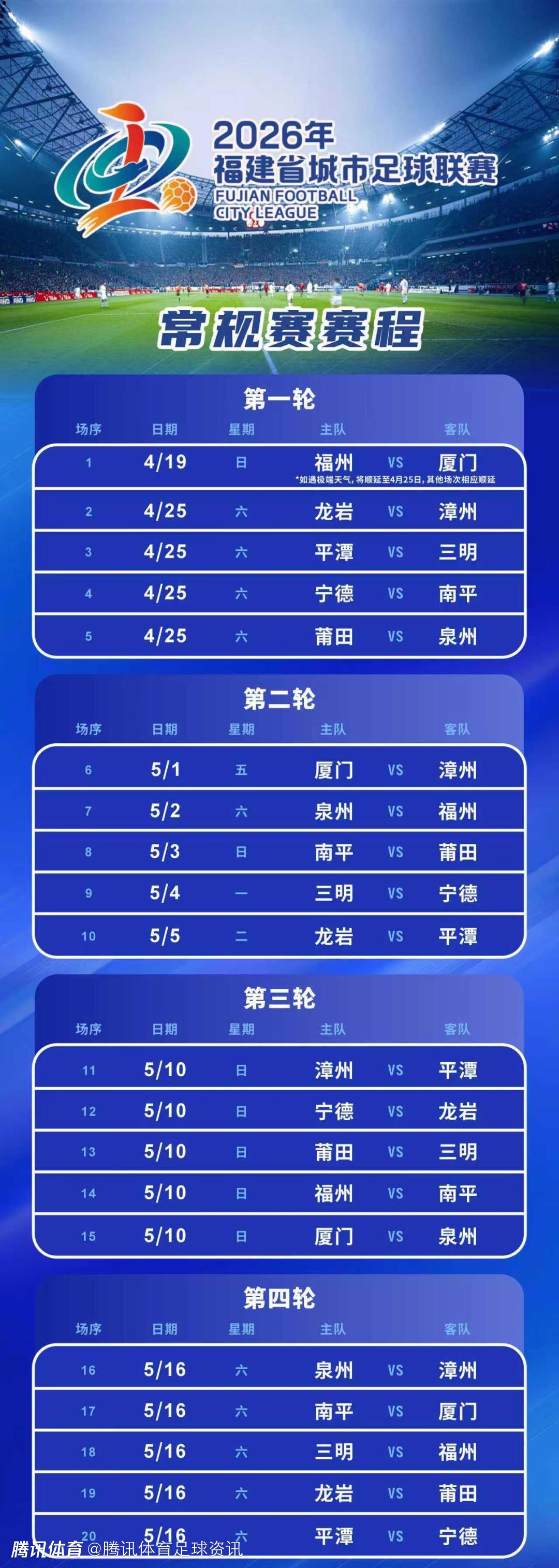 闽超来了！常规赛赛程战至5月中旬 4月19日揭幕战福州对阵厦门