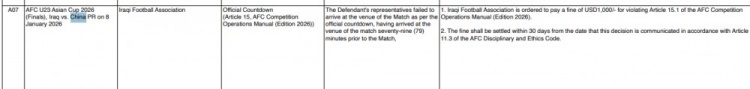 亚足联处罚决定：因对阵中国U23赛前迟到 伊拉克足协被处以1000美元罚款