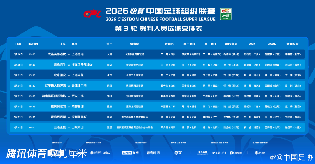 中超裁判：马宁主哨国安主场pk申花，李海新执法川渝德比