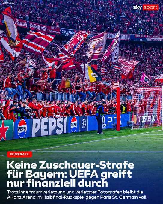 官方：拜仁因对皇马时球迷冲场被罚款6万欧；免遭空场处罚