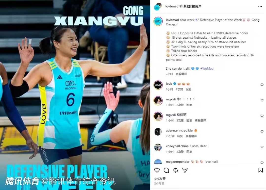 里程碑！龚翔宇斩获LOVB周最佳防守球员 成历史首位获奖接应球员