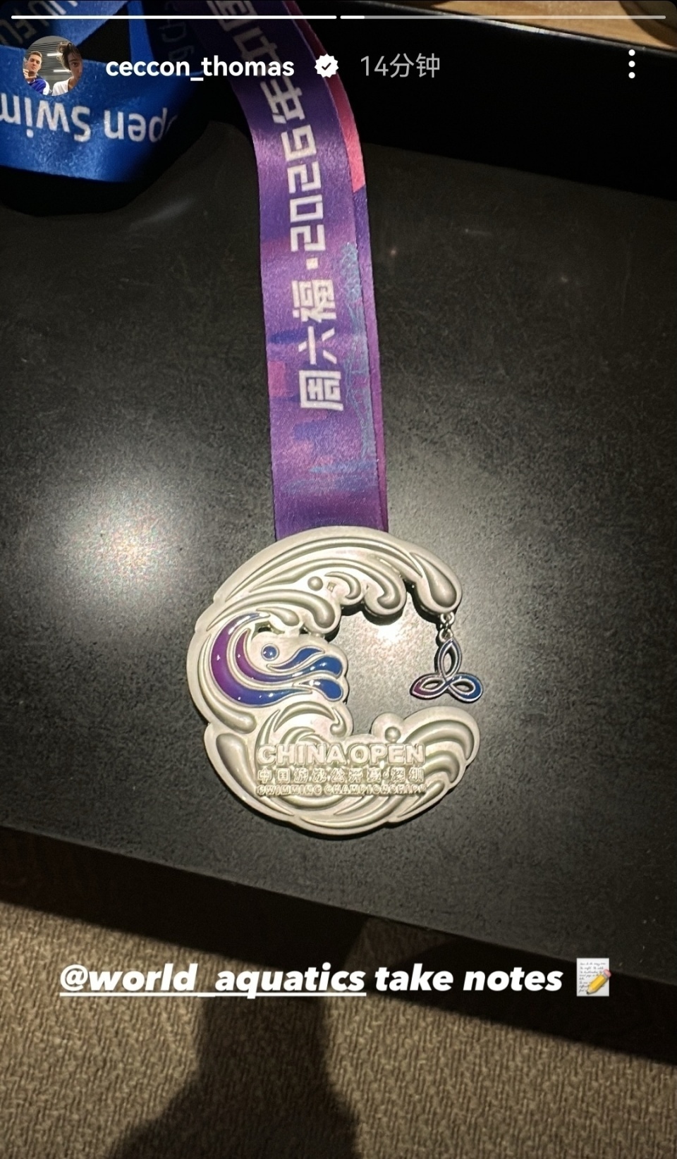 切孔晒中国公开赛银牌：喊话世界泳联来学习！非遗设计巧含姓氏首字母