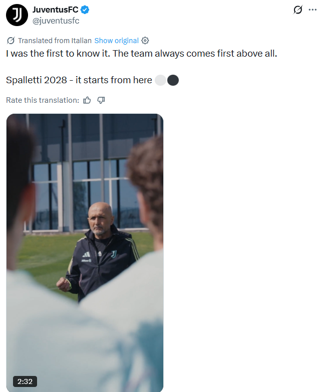 官方：尤文与主帅斯帕莱蒂续约至2028年