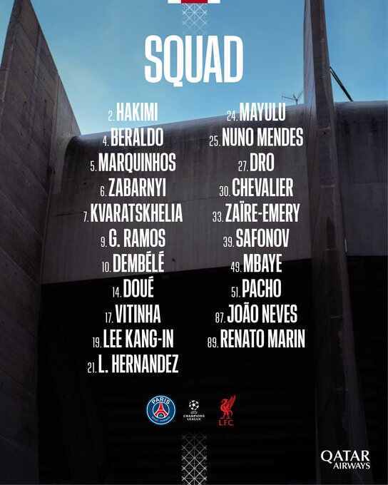 巴黎公布战利物浦名单：巴尔科拉缺阵，登贝莱、K77在列