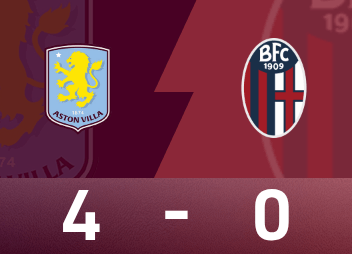 欧联战报：罗杰斯传射+丢点，维拉总分7-1博洛尼亚晋级4强