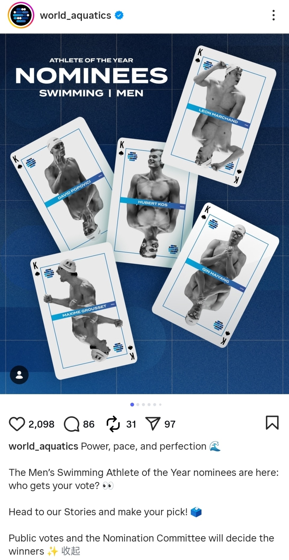 世界泳联年度最佳男子游泳运动员提名：覃海洋再入围！对手不容小觑