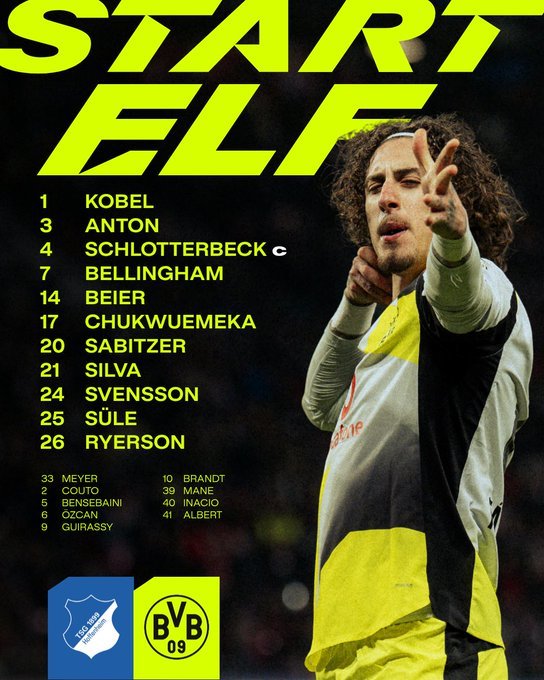 多特客战霍芬海姆首发：萨比策、小贝林出战，克拉马里奇先发