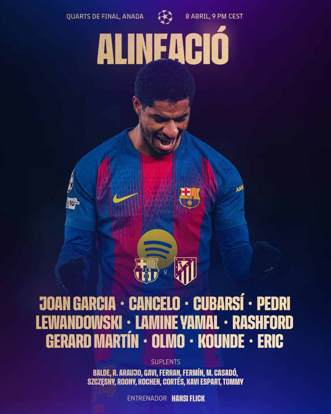 巴萨vs马竞首发：亚马尔PK格列兹曼，拉什福德、小蜘蛛出战