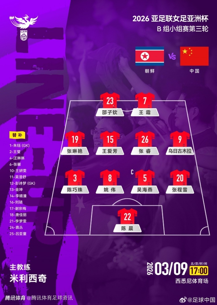 中国女足官方站位图发布：442阵型迎战朝鲜 王霜、邵子钦组双前锋