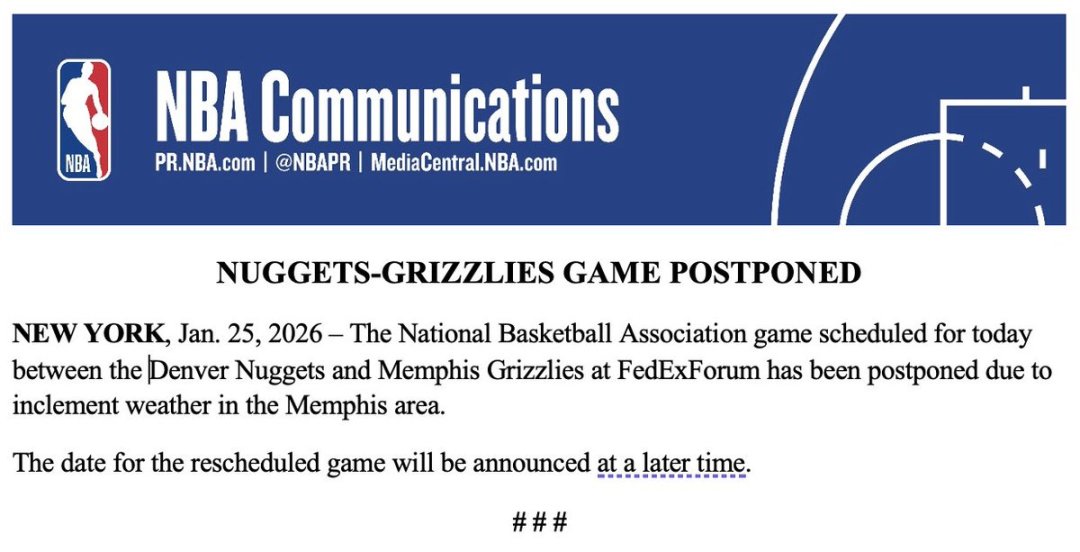 NBA因孟菲斯当地暴风雪天气 推迟掘金vs灰熊比赛