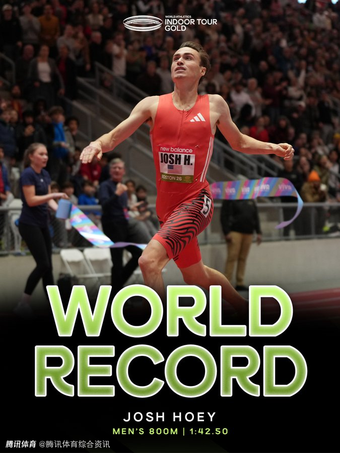 美国选手打破尘封28年室内800米跑世界纪录：乔什-霍伊1分42秒50夺冠