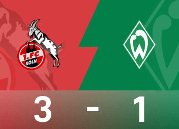德甲战报：阿切破门，科隆3-1战胜云达不莱梅
