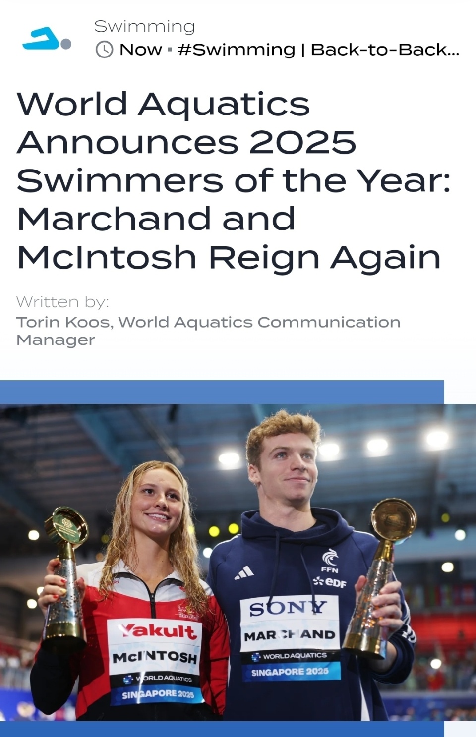 世界泳联13项年度最佳尘埃落定：陈芋汐中国唯一获奖！覃海洋落选